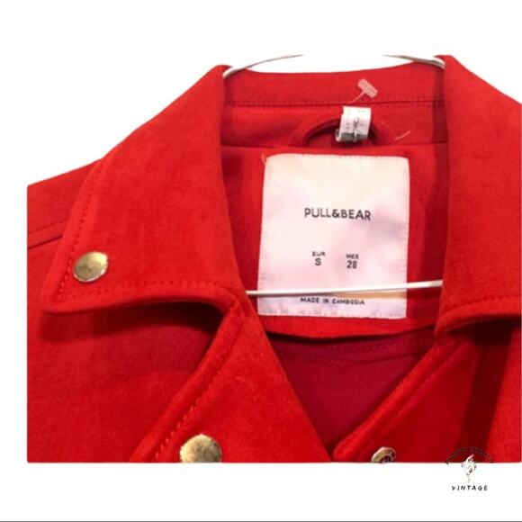 Pull & Bear Red Micro-Suede Moto Cafe Racer Jacket Bikerider Motorcycle S Small - Picture 3 of 6